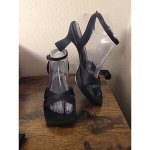 Vtg Mudd Y2K 90s Black Satin Strap Heels Prom Whimsigoth Vamp Wmn 8M Open Toe